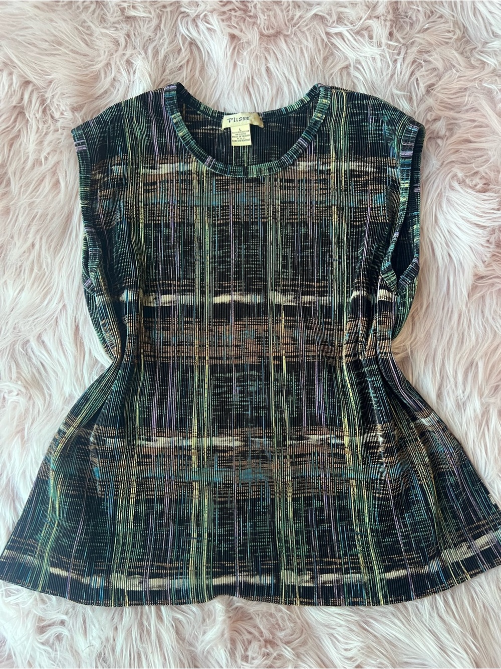 Vintage Plisse Black Multicolor Patterned Sleeveless Top Large